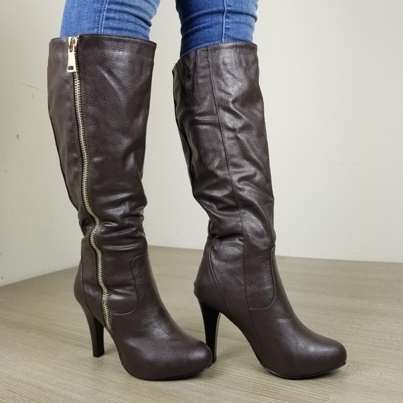Shoes - Knee High Heel Boots Vegan Leather -EE